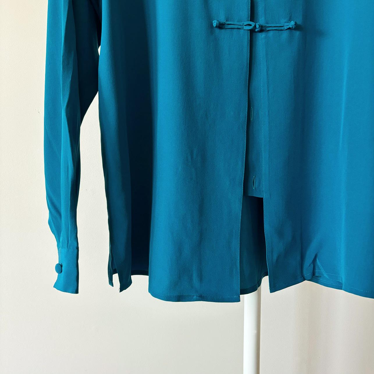 ヴィンテージシルクブラウス、オリエンタルスタイル、ターコイズブルー 
