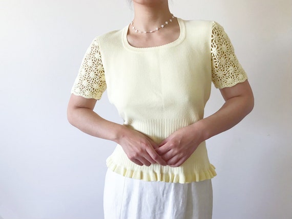 vintage knit top crochet shirt cotton light yello… - image 2