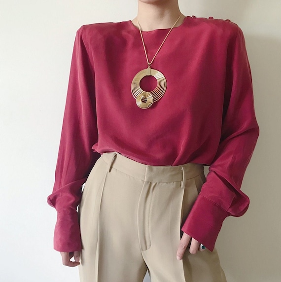 vintage silk blouse burgundy minimalist silk top silk shirt classic design capsule wardrobe 90s retro style size S/M
