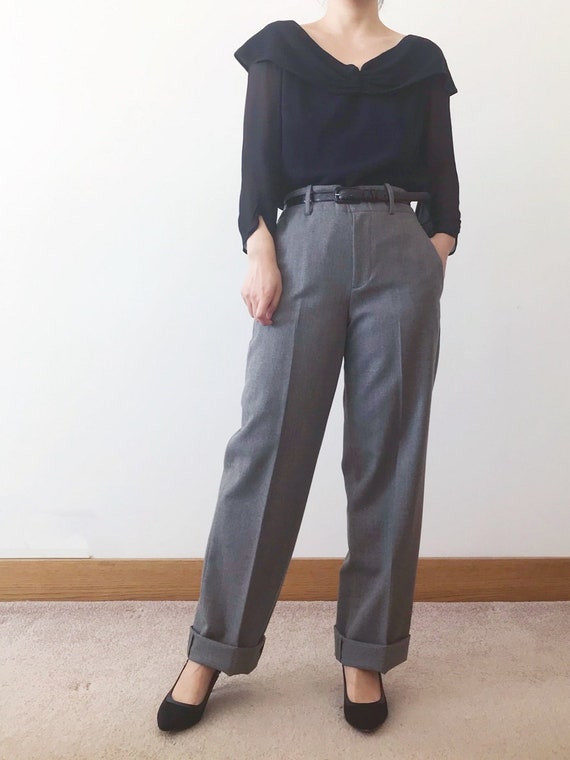 vintage wool pants high waist minimalist gray wid… - image 9