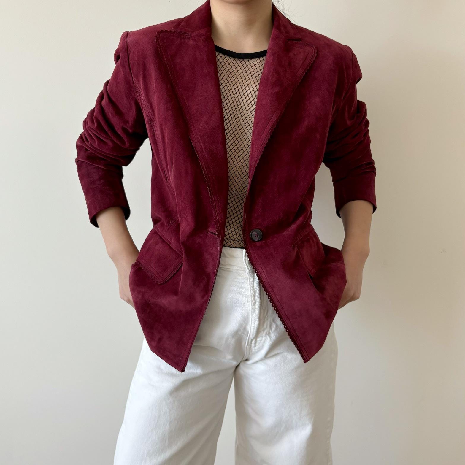 vintage leather jacket leather blazer suede leather double chested double breasted classic burgundy boho hippie motorcycle 90s retro size L
