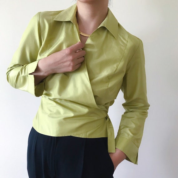 vintage silk blouse silk shirt green satin metall… - image 2