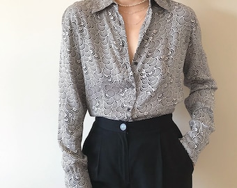 vintage silk blouse charmeuse metallic silk shirt minimalist silk top black white circle target button down Y2K capsule wardrobe size S