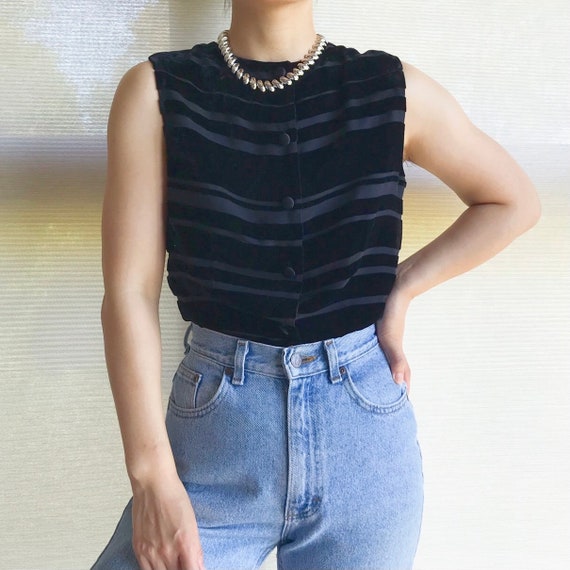 vintage velvet tank top black button down sleevel… - image 1