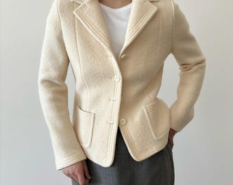 vintage wool blazer wool jacket off white cream double chest double breasted classic design fitted jacket minimalist vintage jacket size S