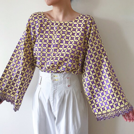 vintage blouse statement blouse tribal embroidered circle pattern abstract vintage shirt vintage tunic yellow purple size XL/XXL/XXXL