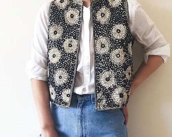 vintage vest handmade vest embroidered vest floral vest mirror vest black and white Schenherazade size S/M