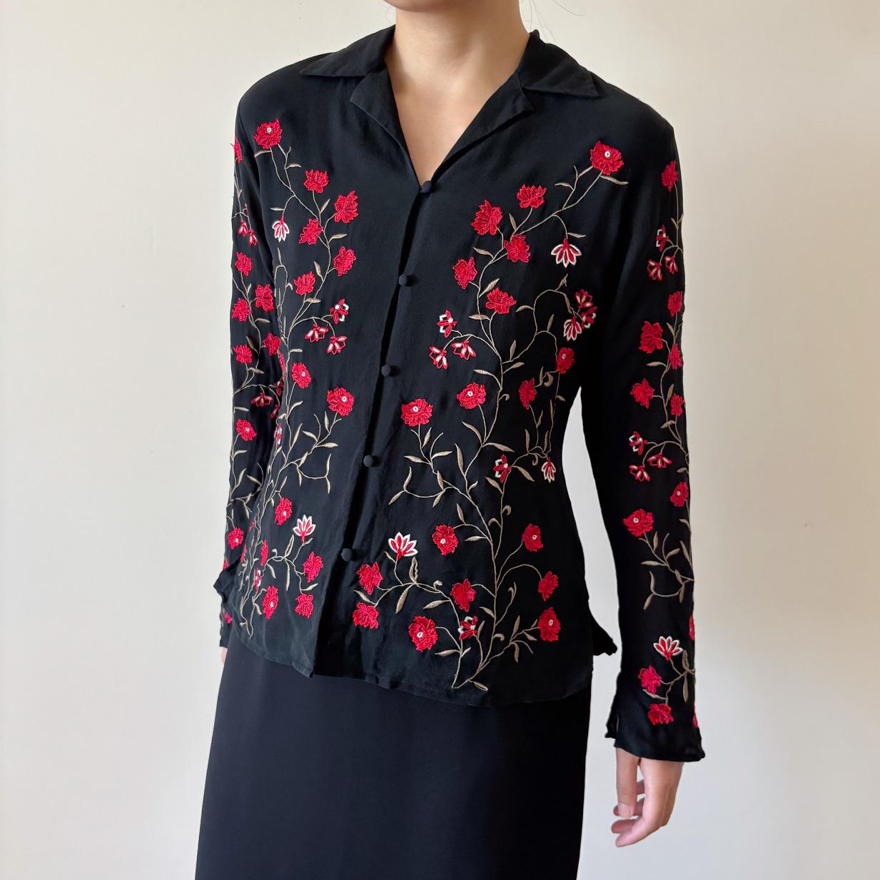 Vintage Silk Blouse Silk Shirt Silk Top Black Red Embroidered