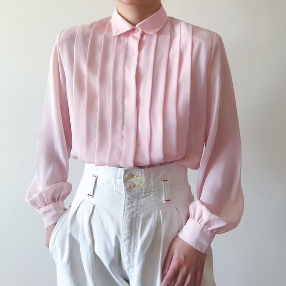 vintage silky blouse pink blush pleated silky shi… - image 1