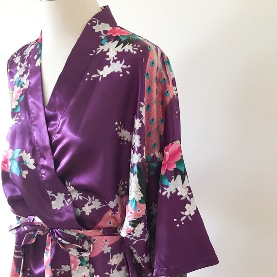 vintage silky robe peacock Japanese style silky k… - image 5