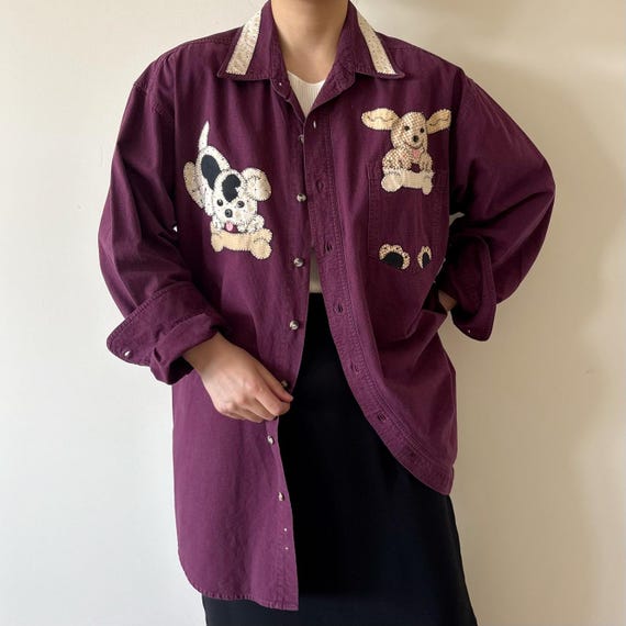 vintage blouse cotton button down shirt vintage top burgundy patched 90s retro vintage style embroidered dog puppy size L/2X View 2
