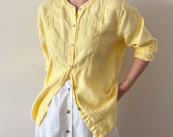vintage linen blouse yellow linen shirt linen top button down capsule wardrobe minimalist linen flax vintage style Made in USA size M/PL