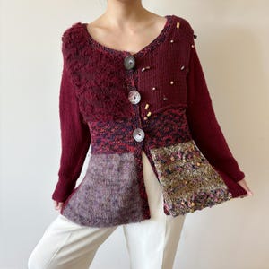 vintage cardigan vintage sweater handmade cardigan patched sweater button down burgundy red statement piece gift boho style size S/M