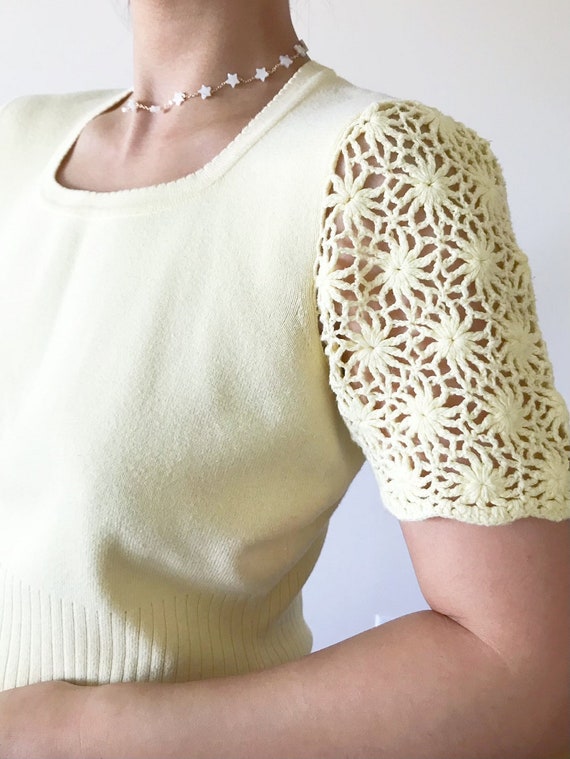 vintage knit top crochet shirt cotton light yello… - image 3