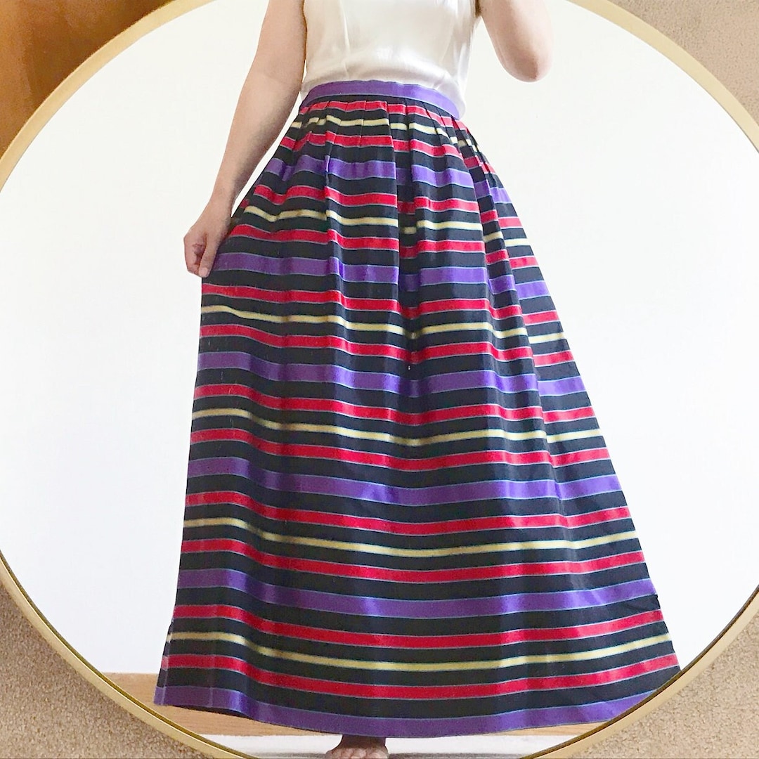 Vintage Skirt Striped Skirt Rainbow Skirt Satin Metallic Maxi Skirt