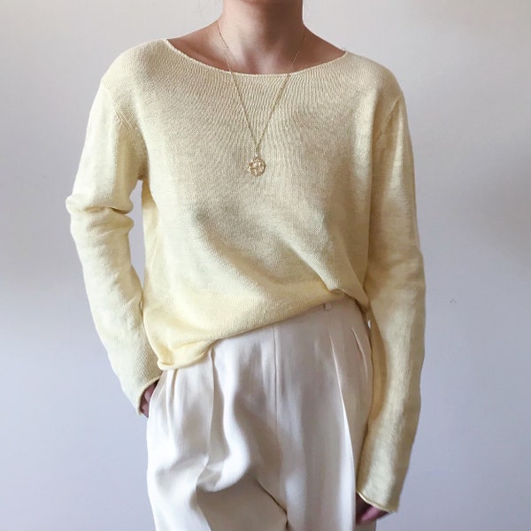 vintage linen shirt linen knit top Eileen Fisher yellow minimalist linen blouse linen tunic capsule wardrobe size M