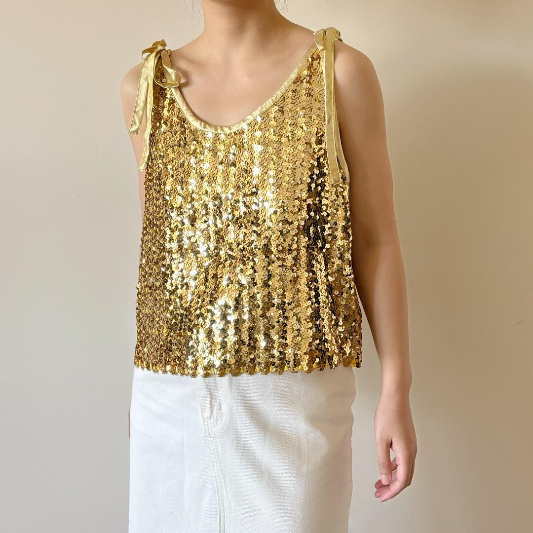 Vintage Top Sequin Shirt Gold Yellow Beaded Sparkle Camisole