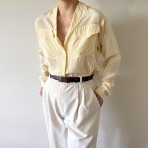 vintage silk blouse button down silk shirt silk top yellow minimalist 90s retro vintage style capsule wardrobe secretary blouse size S/M