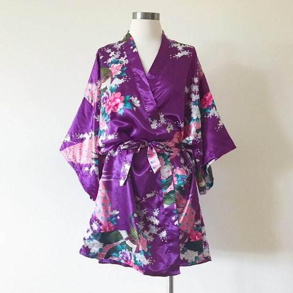 vintage silky robe peacock Japanese style silky k… - image 2