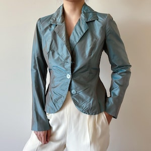 vintage RENATO NUCCI silk blazer silk top silk shirt fitted jacket classic design green satin charmeuse metallic 90s size S
