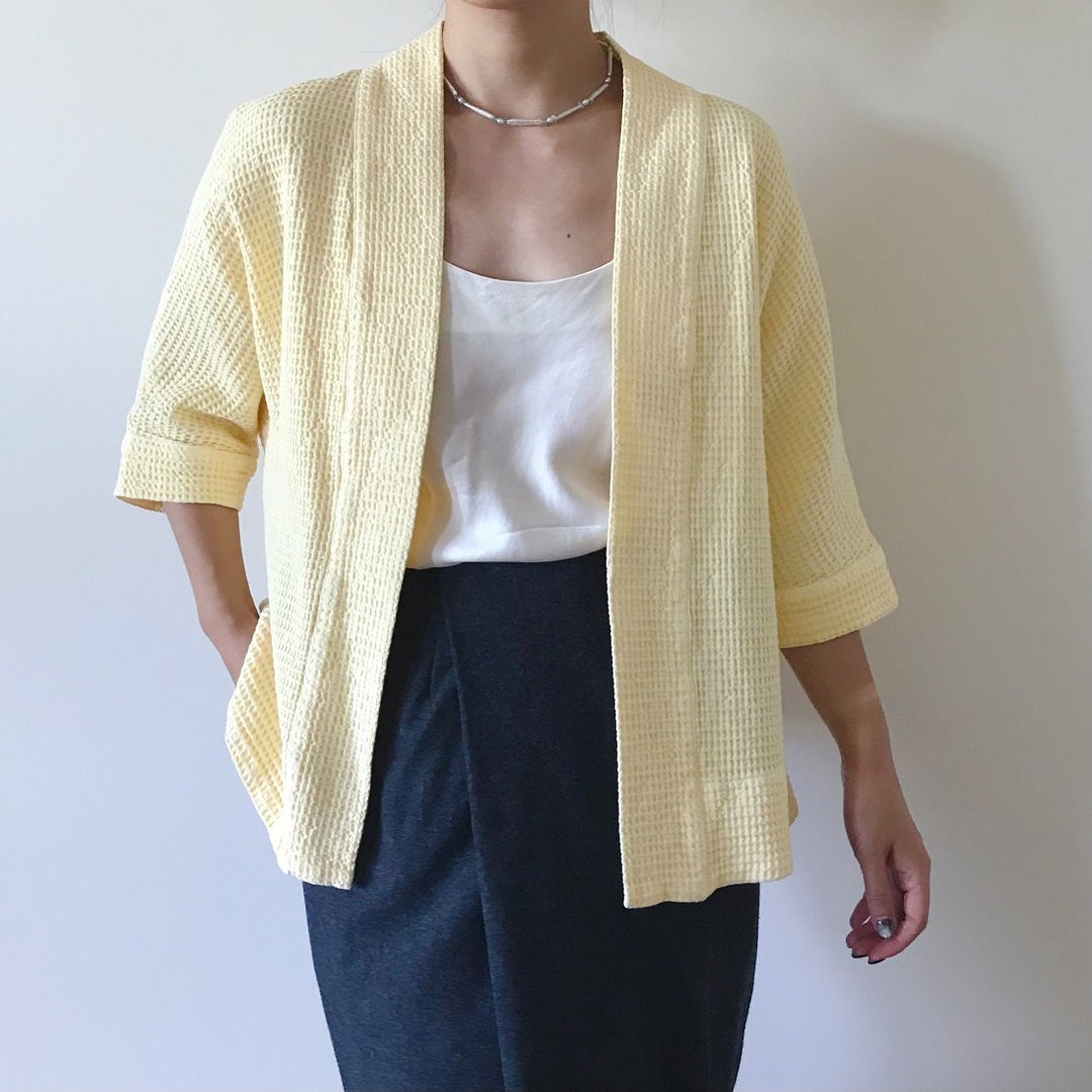 Vintage Textured Jacket Yellow Cotton Kimono Style Utility