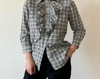 vintage blouse button down Lauren Ralph Lauren 90s Y2K ruffle collar white black plaid vintage style vintage shirt vintage top size S/M