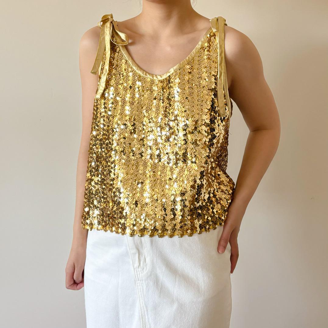 Vintage Top Sequin Shirt Gold Yellow Beaded Sparkle Camisole
