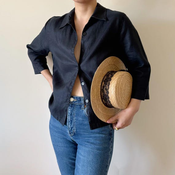 Vintage Linen Blouse Black Linen Duster Linen Shirt Linen Top