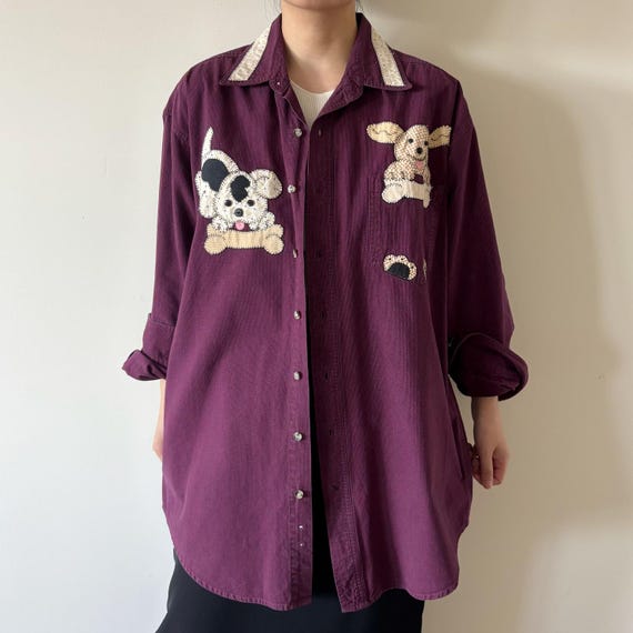 vintage blouse cotton button down shirt vintage top burgundy patched 90s retro vintage style embroidered dog puppy size L/2X View 4