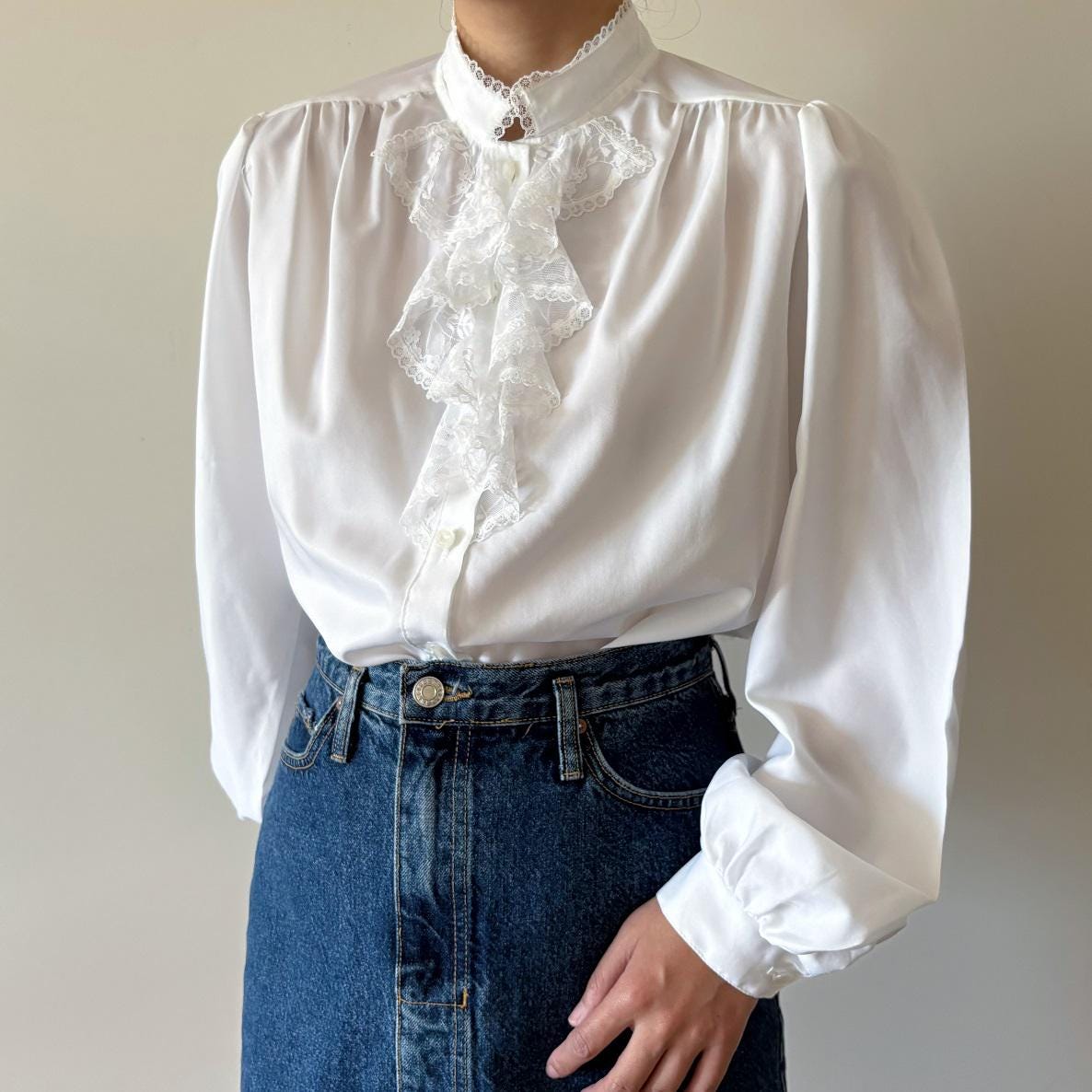 Vintage Blouse Silky Blouse Lace Shirt Lace Ruffle Minimalist