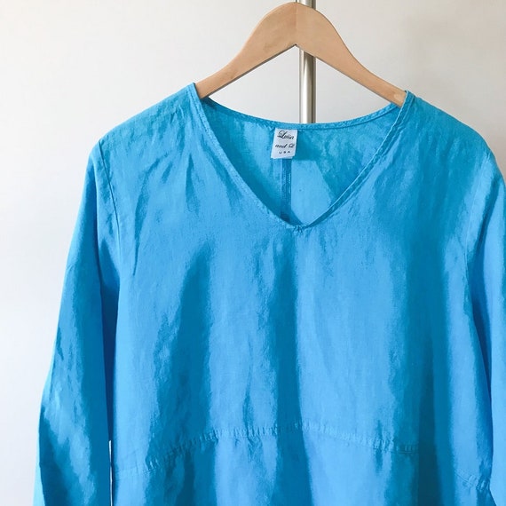 vintage linen blouse asymmetrical blue linen mini… - image 5