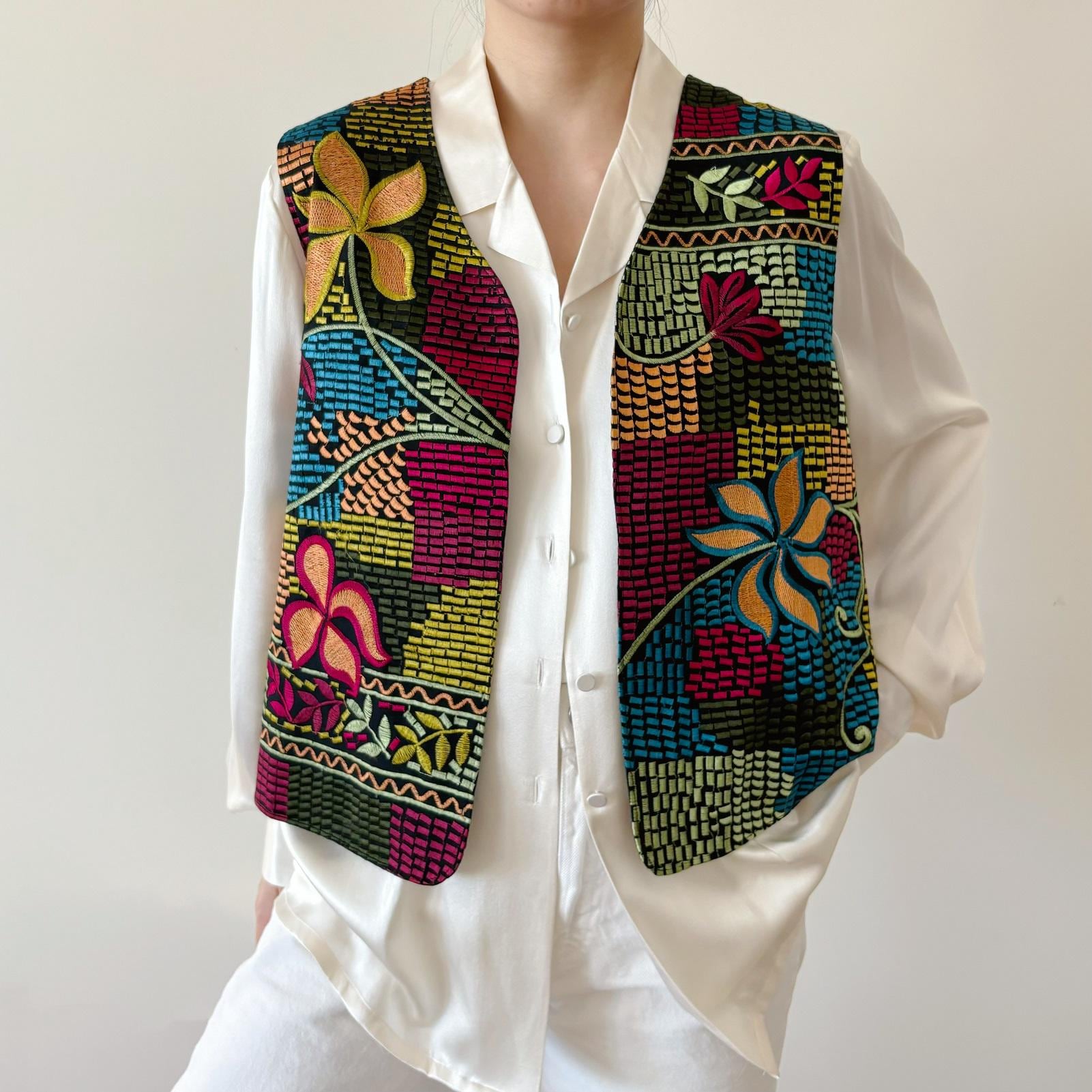 Vintage Vest Vintage Style Vintage Top Embroidered Floral Rainbow