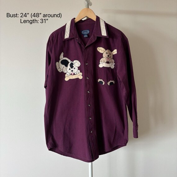 vintage blouse cotton button down shirt vintage top burgundy patched 90s retro vintage style embroidered dog puppy size L/2X View 6
