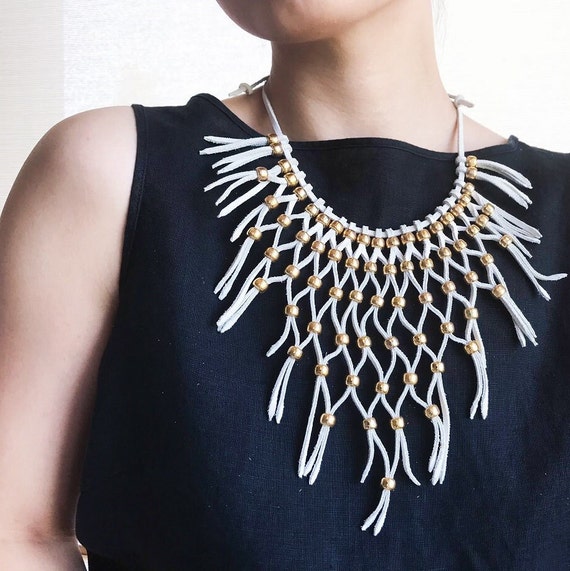 vintage statement necklace leather necklace beade… - image 1