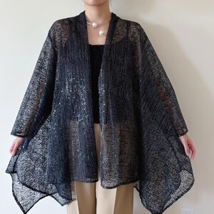 vintage duster vintage blouse vintage shirt vintage top sequin beaded black minimalist vintage jacket mesh sheer jacket Made in USA size 2X