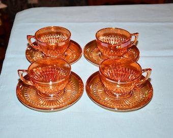 Set of 4 Vintage Jeanette Marigold Carnival Glass Anniversary Coffee/Tea Cups with Saucers
