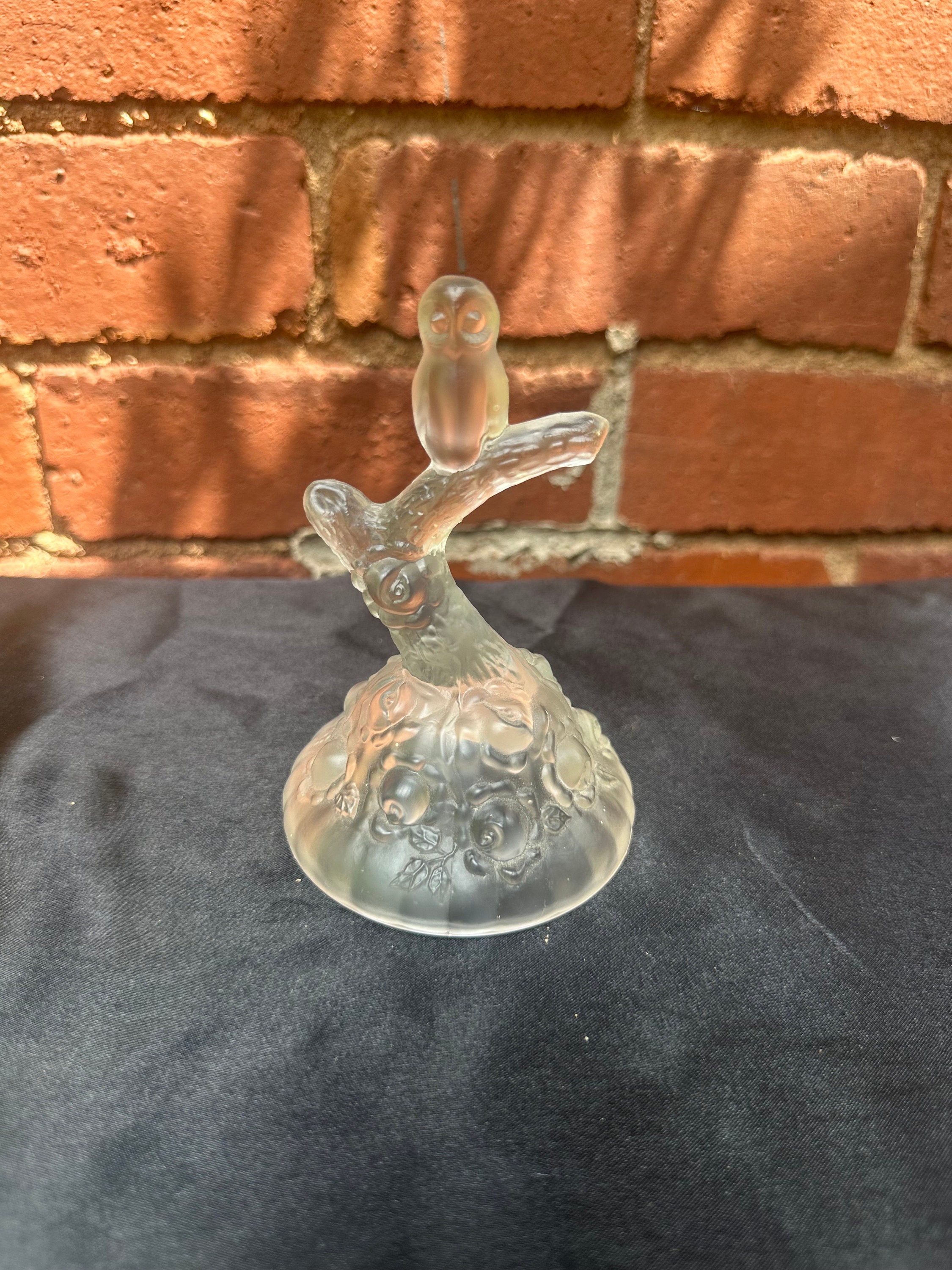 Fenton Clear Frosted Cabbage Rose Pattern Owl on Branch Figurine