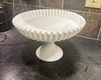 Fenton Hobnail White Milk Glass Ruffled Edge Pedestal Large Compote/Fruit Bowl