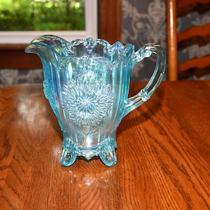 Vintage Mosser Blue Carnival Glass Dahlia Footed Pitcher