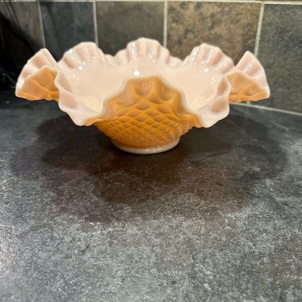 Fenton Hobnail Pink Milk Glass Large Ruffled Edge Bowl