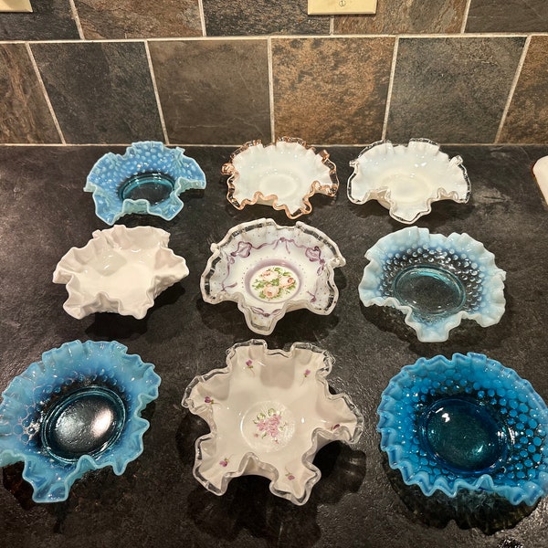 Fenton Hobnail Blue Opalescent, White Milk Glass, Silver Crest, Pink Crest, Violets in the Snow, and Hand Painted Charleston Ruffled Bowl