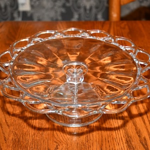 Vintage Clear Imperial Glass Open Lace Pedestal Cake Stand