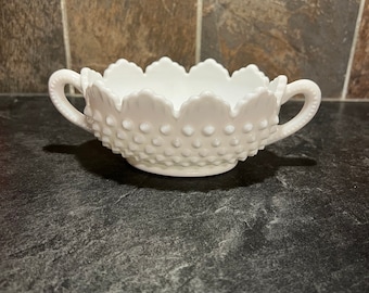 Fenton Hobnail White Milk Glass Scalloped Edge Bon Bon Dish/Compote w/Handles