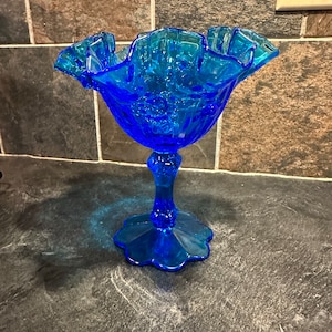 Fenton Colonial Blue Cabbage Rose Pedestal Ruffled Edge Candy Dish