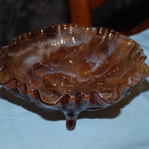 Vintage Imperial Amber & White Slag Glass 3 Footed Rose Ruffled Edge Bowl
