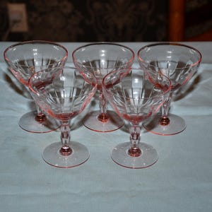 Set of 5 Vintage Tiffin Pink Depression Glass Wavy Optic Paneled Stemware