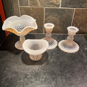 Duncan and Miller Pink Opalescent Hobnail Candle Holders, Compote, and Top Hat