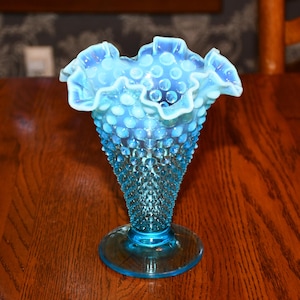 Vintage Fenton Blue Opalescent Hobnail Large 8&quot; Cone Vase