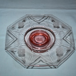 Vintage Pink Depression Glass Art Deco Octagonal Floral Etched Pedestal Cake Stand