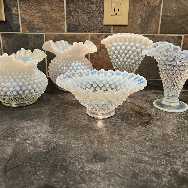 Fenton Hobnail White Opalescent Ruffled Edge Flower Vases, Fan Vase, Swung Edge Cone Vase and Bowl